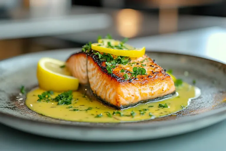 Plated lemon garlic butter salmon with lemon and parsley