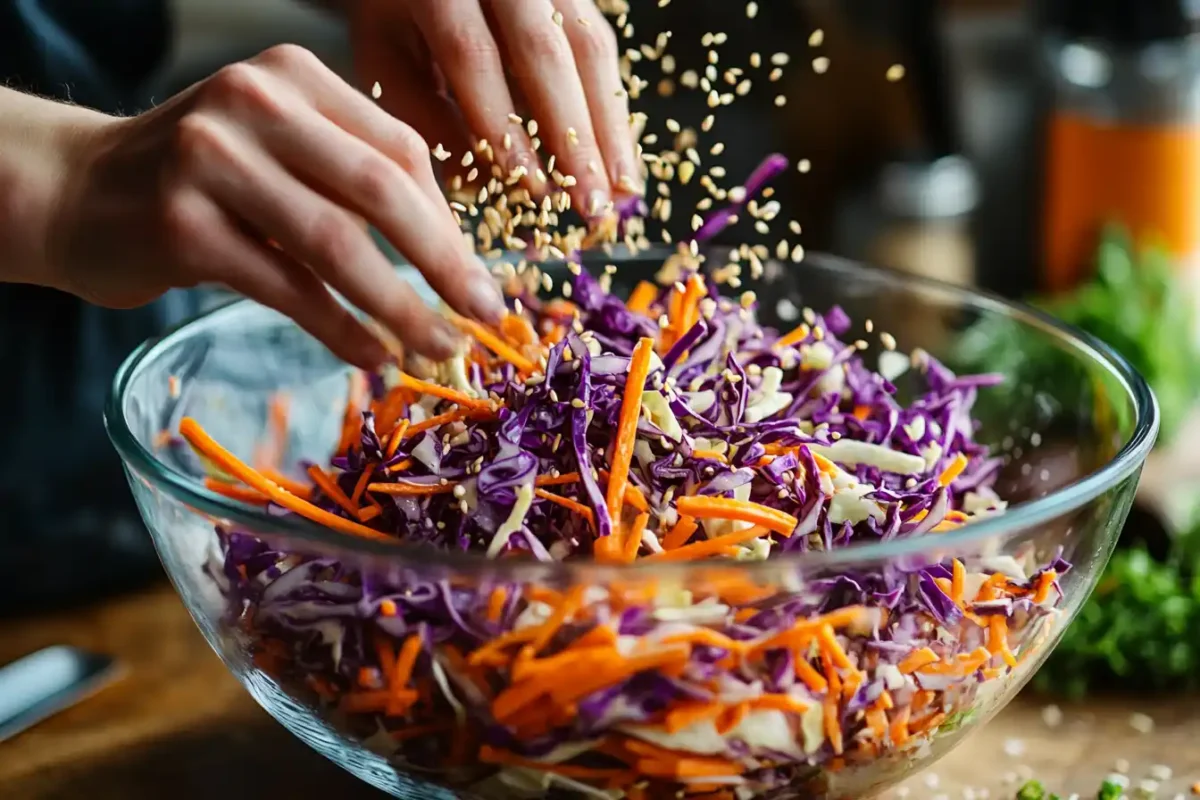 Tossing fresh cabbage and carrot slaw with sesame dressing