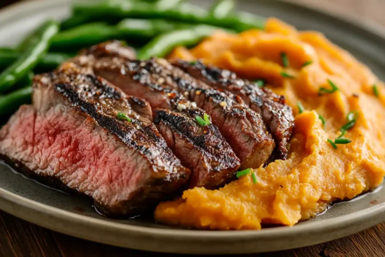 Sliced grass ribeye steak served with vegetables and potatoes