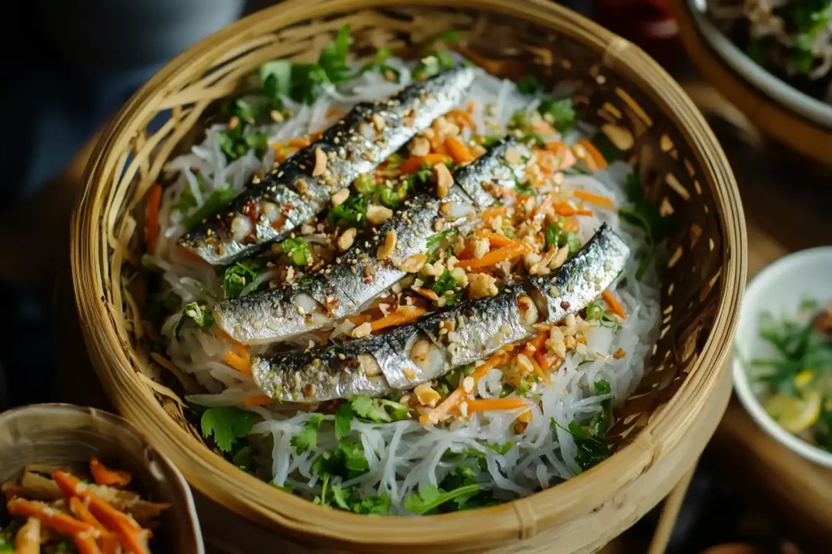 Spicy rice noodle salad plated with lime and chopsticks