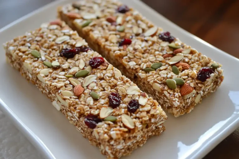 Healthy muesli breakfast bars cut and stacked on a wooden board