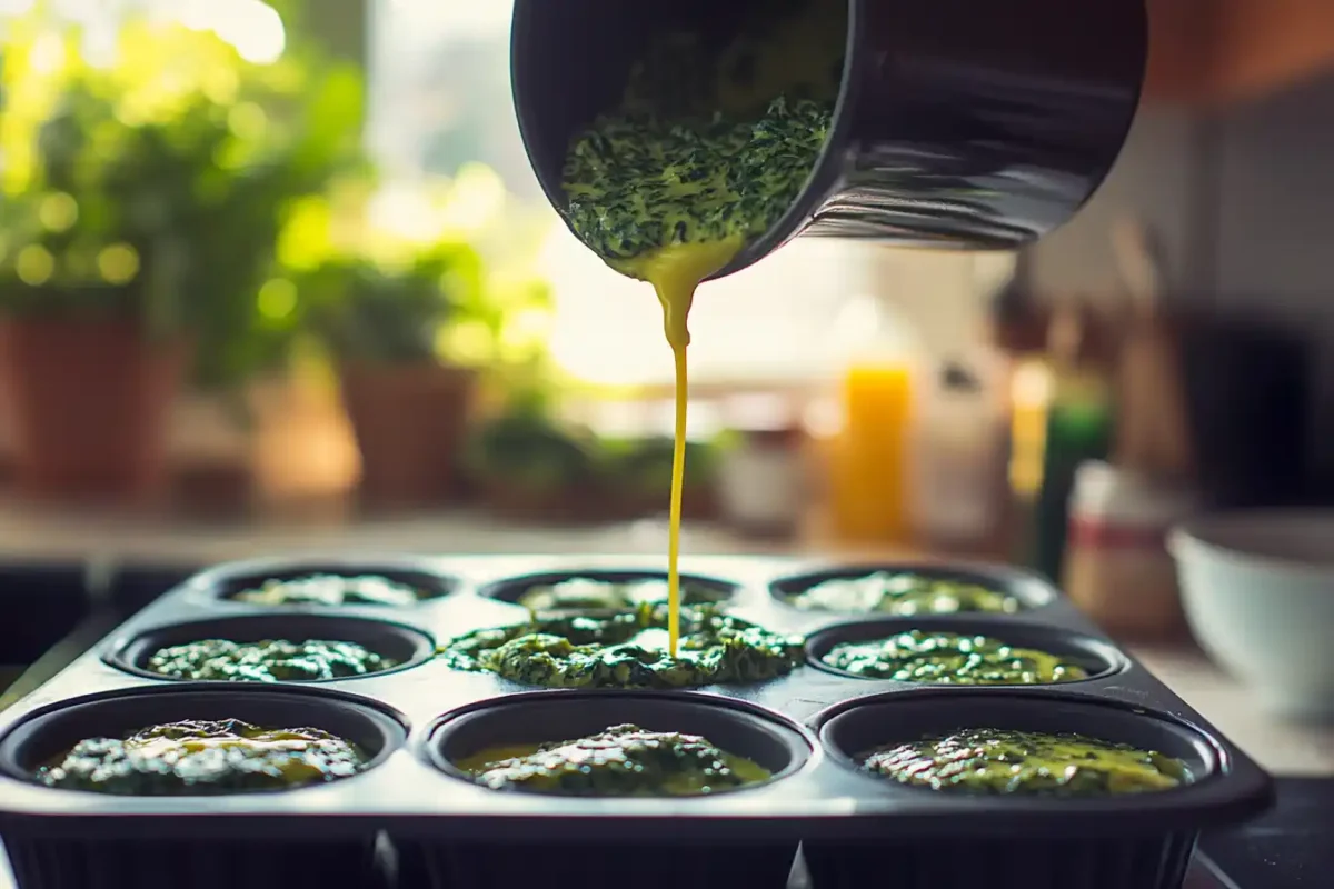 Whisked egg mixture with spinach and cheese being poured into muffin pan