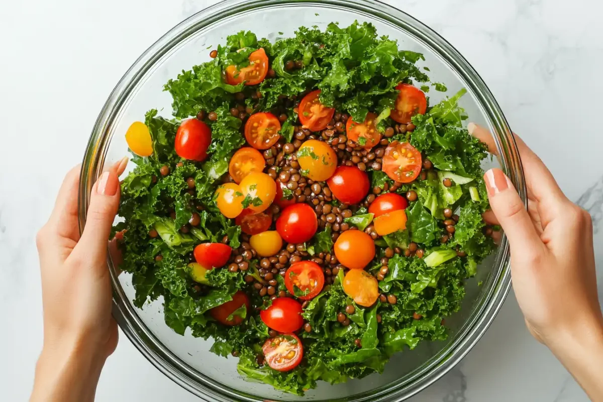 Step-by-step kale and lentil salad preparation with fresh vegetables and dressing