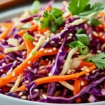Bowl of finished cabbage and carrot slaw with sesame toppings