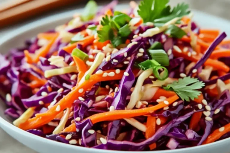 Bowl of finished cabbage and carrot slaw with sesame toppings