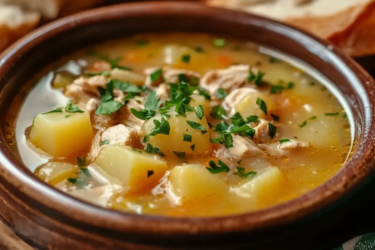 A hearty bowl of chicken potato soup recipe served with bread