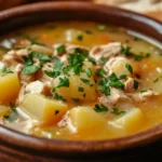 A hearty bowl of chicken potato soup recipe served with bread