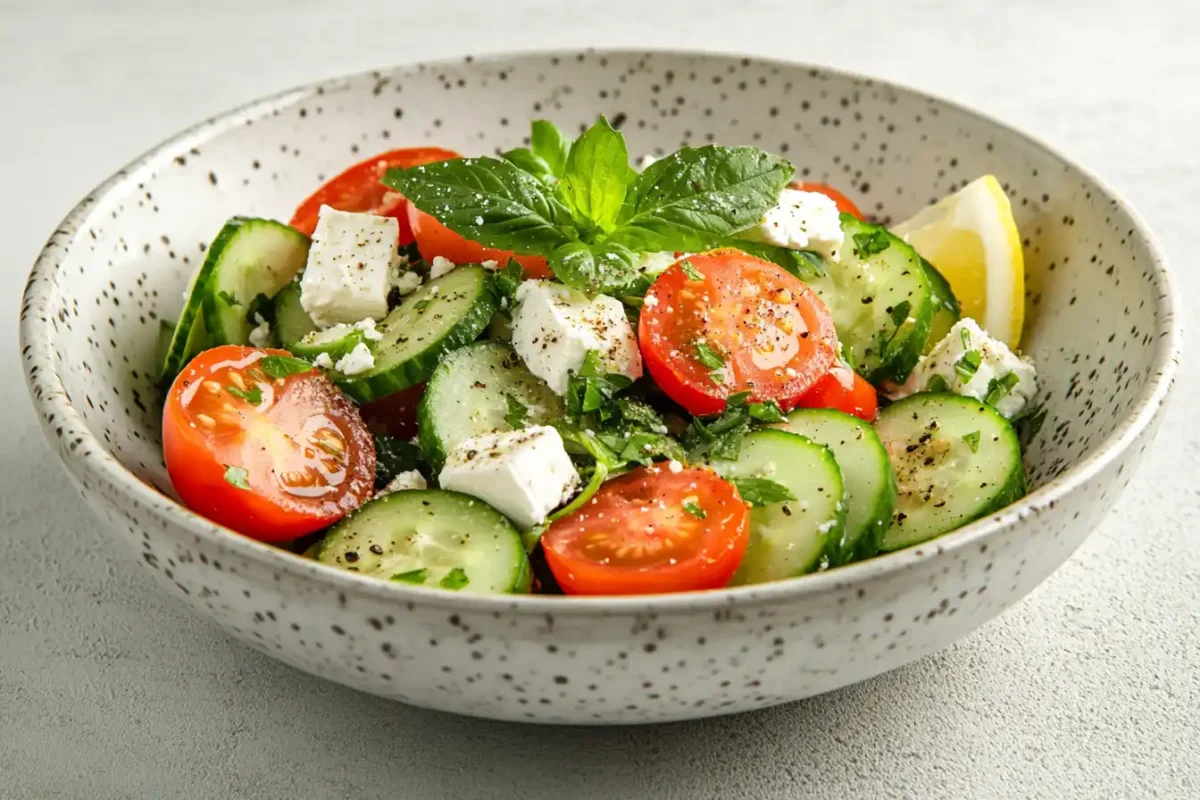 A bowl of cucumber salad with feta served with herbs and lemon