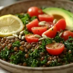 Served bowl of kale and lentil salad with fresh toppings and lemon