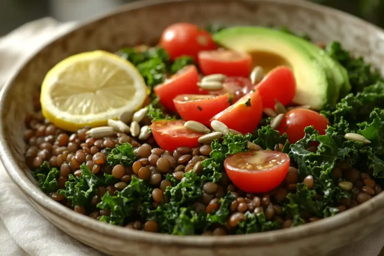 Served bowl of kale and lentil salad with fresh toppings and lemon