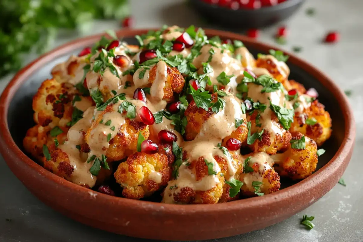 A plate of roasted cauliflower with tahini sauce garnished with herbs