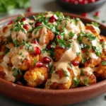 A plate of roasted cauliflower with tahini sauce garnished with herbs