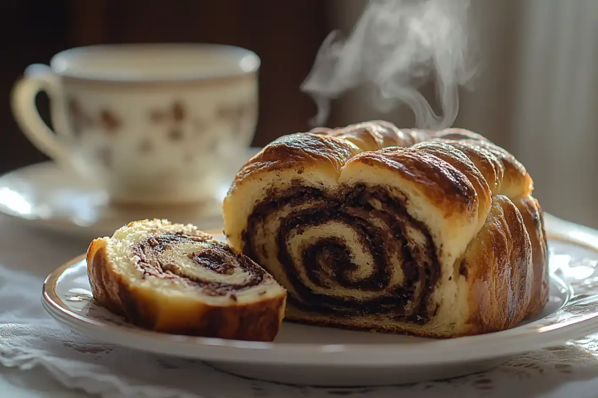 Sliced Chocolate Marble Brioche showing rich chocolate layers
