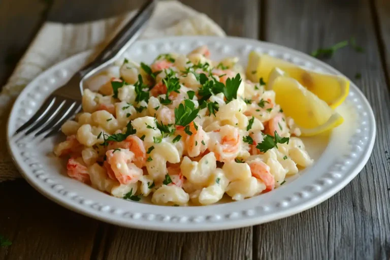 Shrimp and crab recipe beautifully plated with lemon and parsley