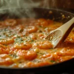 Shrimp in creamy tomato sauce served over pasta with fresh herbs