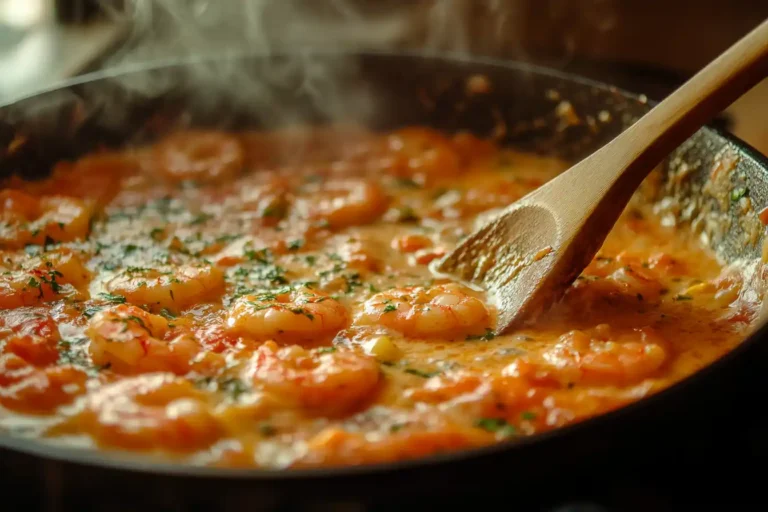 Shrimp in creamy tomato sauce served over pasta with fresh herbs