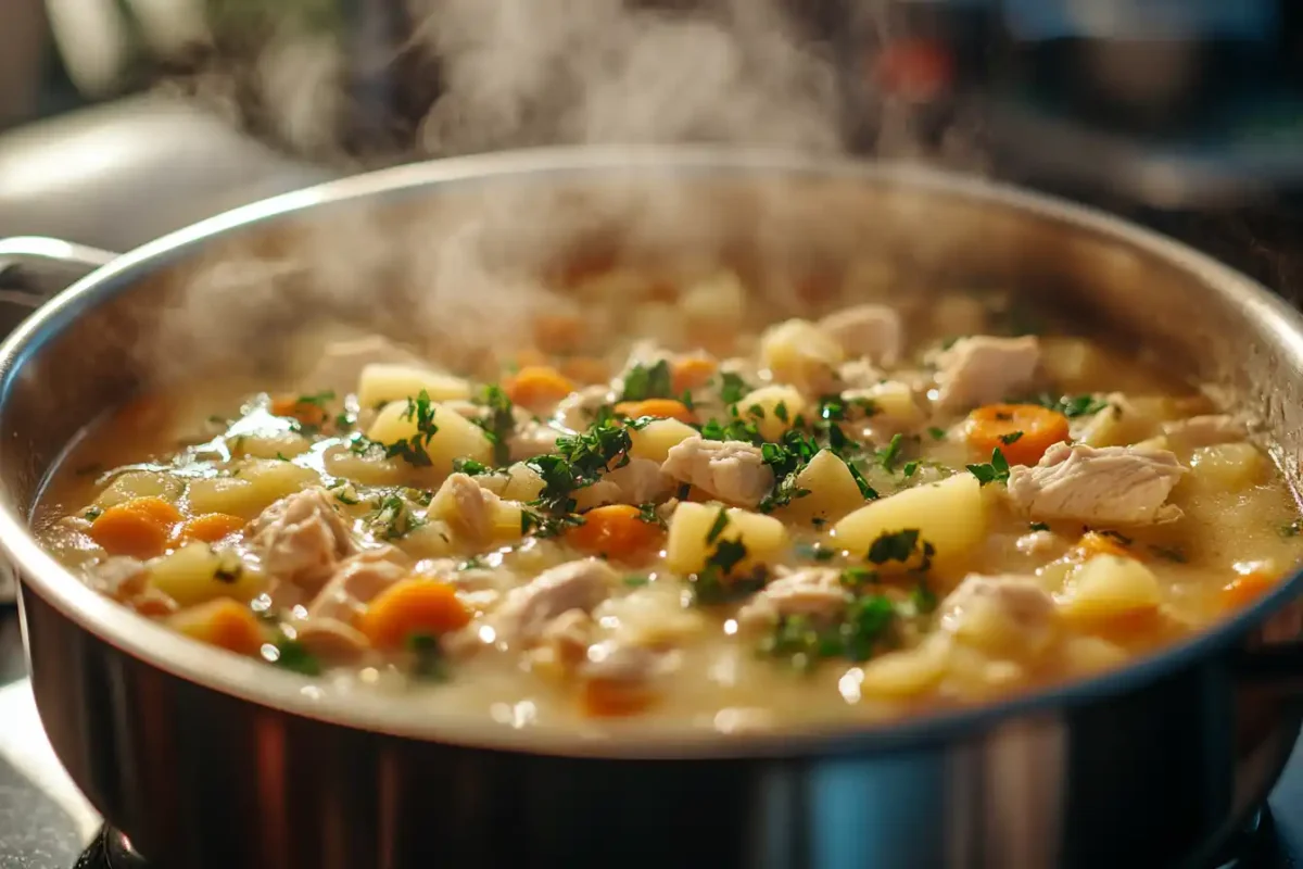 Chicken potato soup recipe simmering with vegetables and herbs