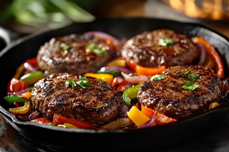 Hamburger steak in a cast iron skillet with sautéed peppers and onions