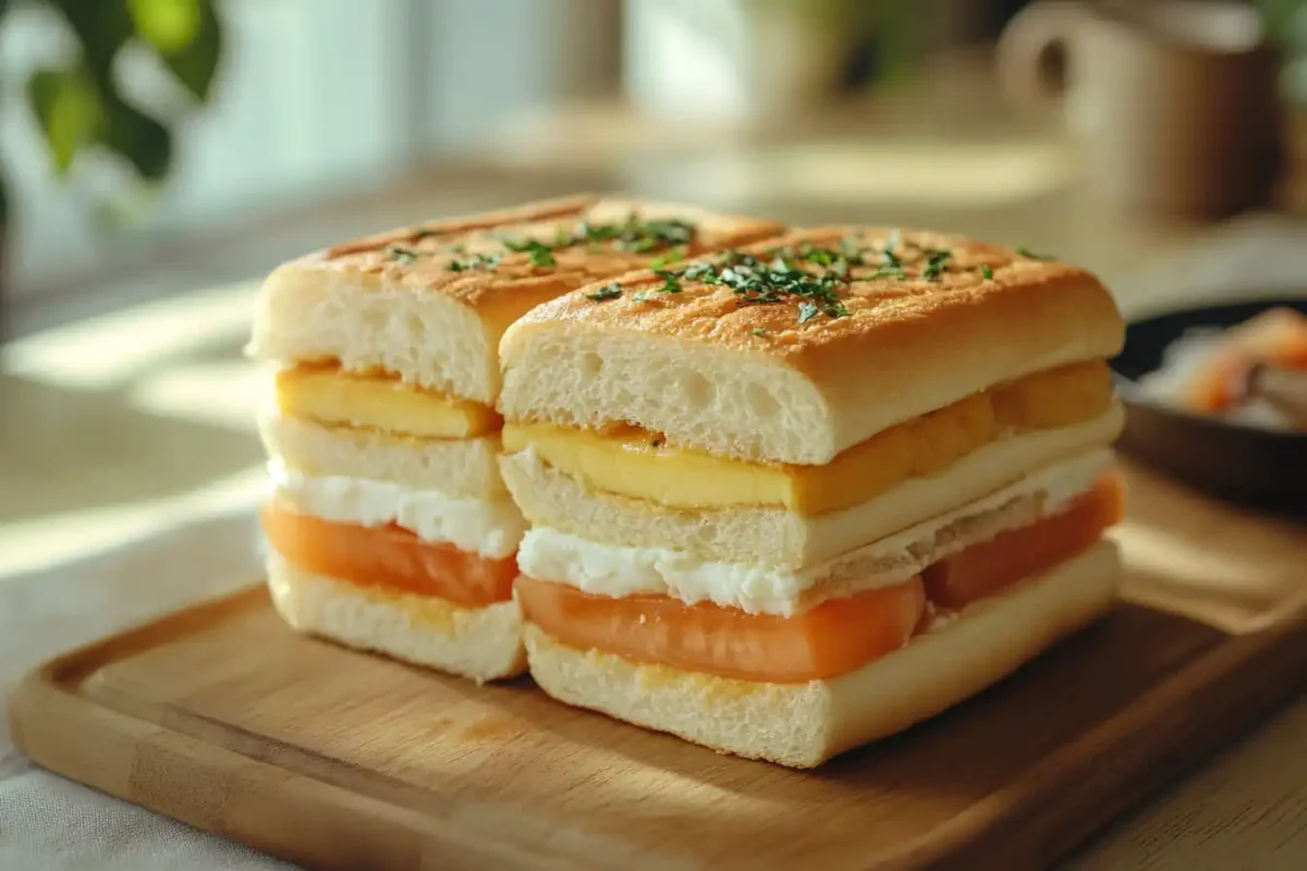 Japanese milk bread sandwich being sliced to reveal creamy egg filling