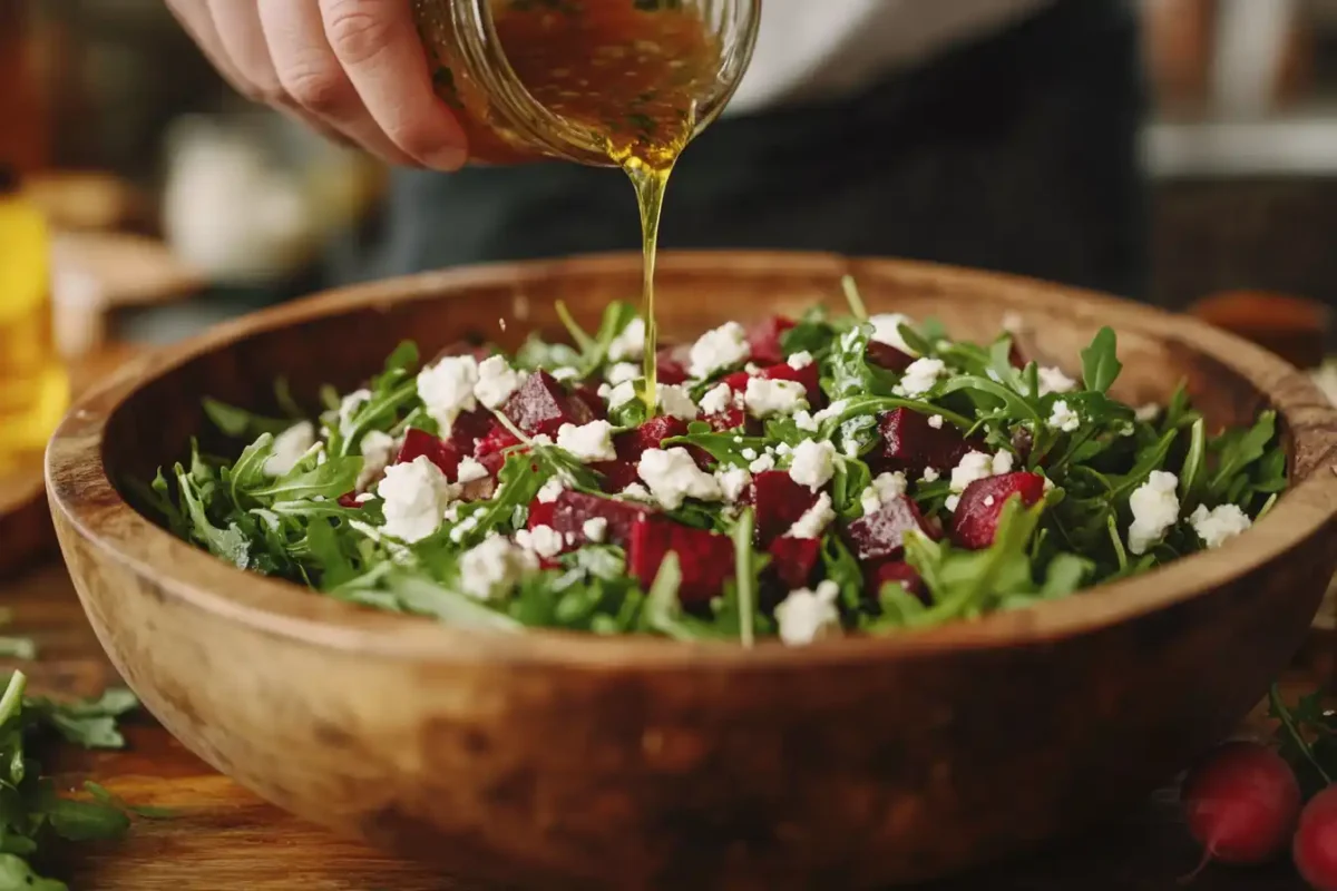 Beetroot and arugula salad being mixed with dressing