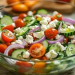 Mixing fresh cucumber salad with feta and tomatoes in a bowl