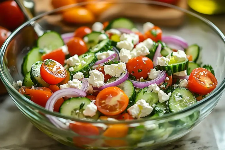 Mixing fresh cucumber salad with feta and tomatoes in a bowl