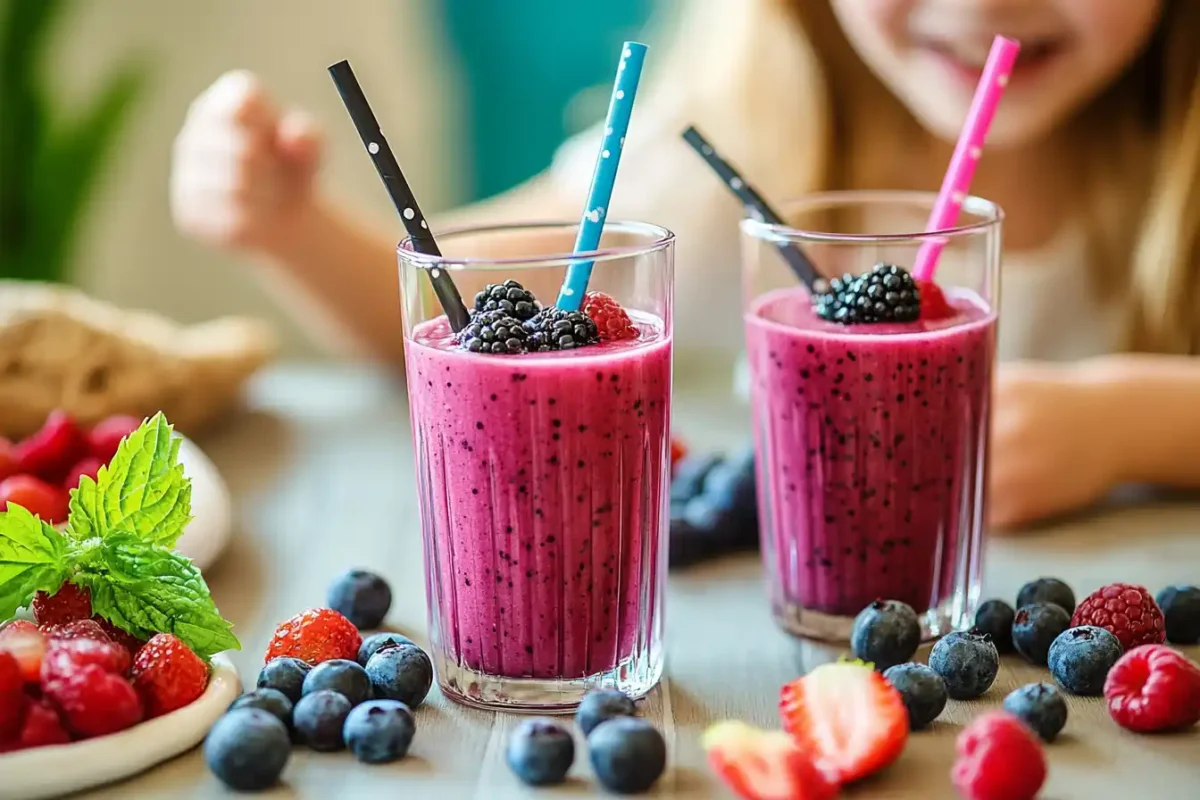 Mixed berry smoothie in a glass with banana slices and berries