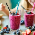 Mixed berry smoothie in a glass with banana slices and berries