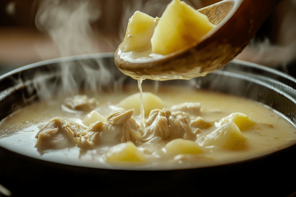 Chicken potato soup being ladled into a bowl