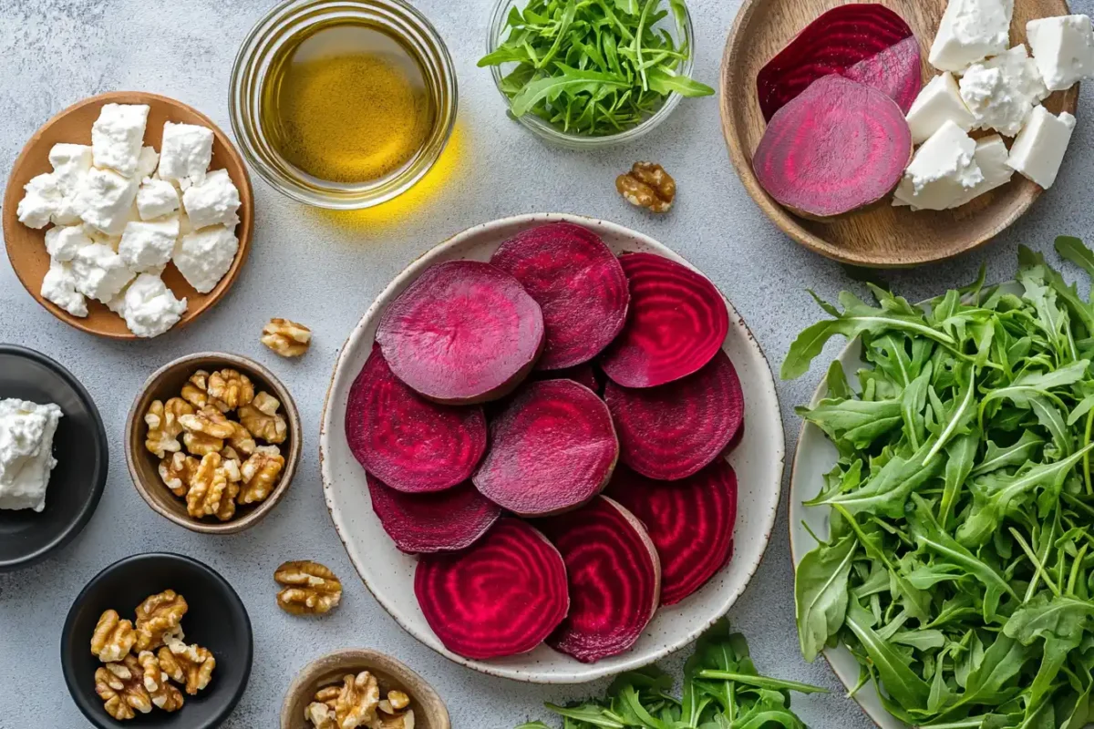 Beetroot and arugula salad ingredients prepared on kitchen counter