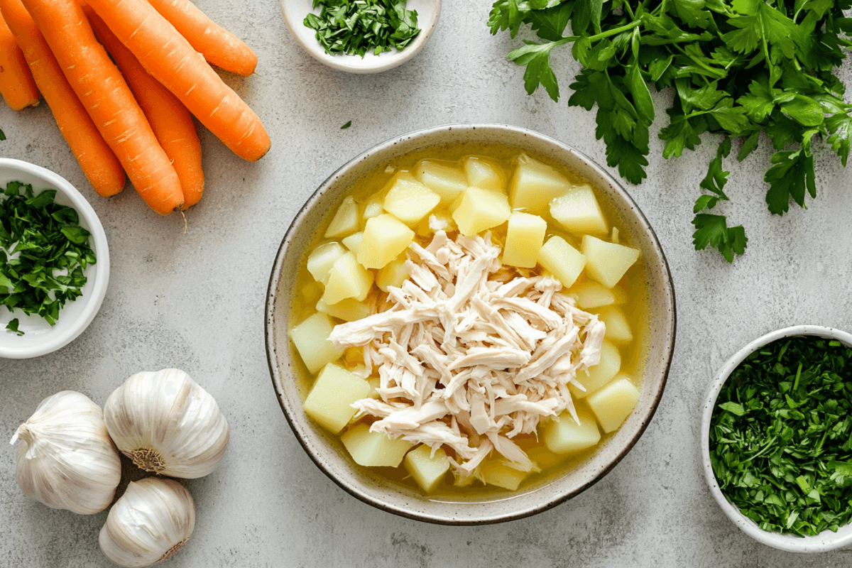 Fresh ingredients laid out for chicken potato soup preparation