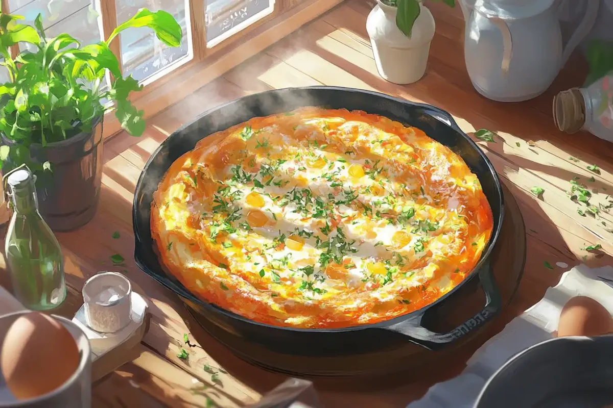 Golden chicken frittata Olive Garden style in cast iron skillet