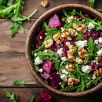 Beetroot and arugula salad with goat cheese and walnuts
