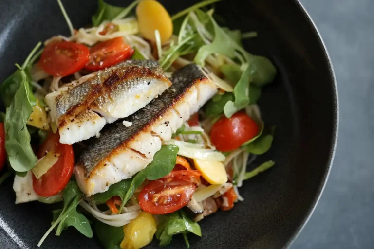 Bowl of spicy rice noodle salad with smoked mackerel and herbs