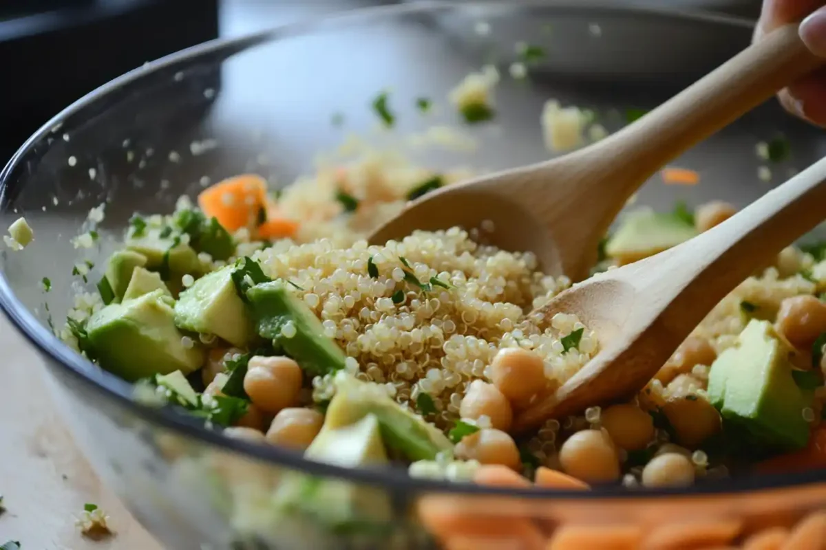 quinoa chickpea and avocado salad being mixed with wooden spoons