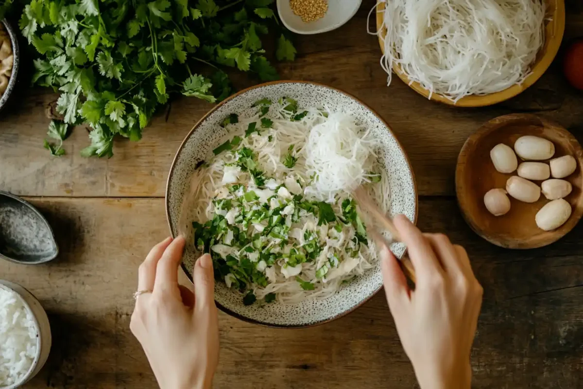 Hands mixing noodles, herbs, and smoked mackerel in a salad bowl