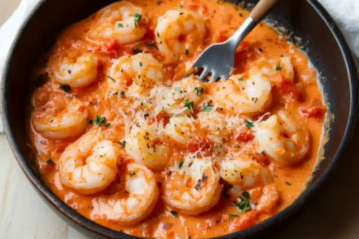 Shrimp in creamy tomato sauce bubbling in a skillet with garlic