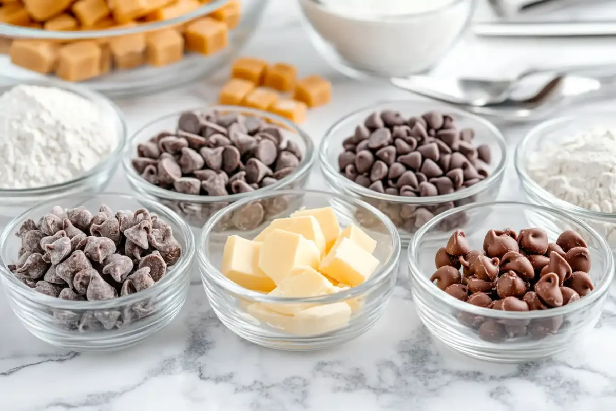 ingredients for caramel chip cookies laid out in glass bowls