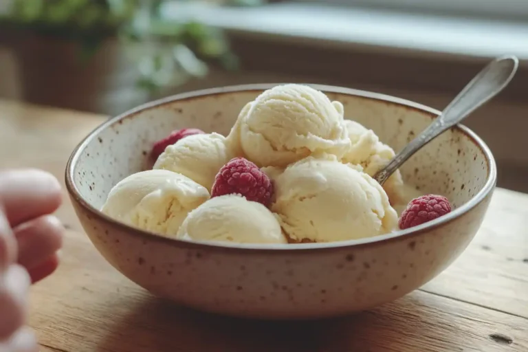 bowl of creamy fresh fruit ice cream with visible fruit chunks