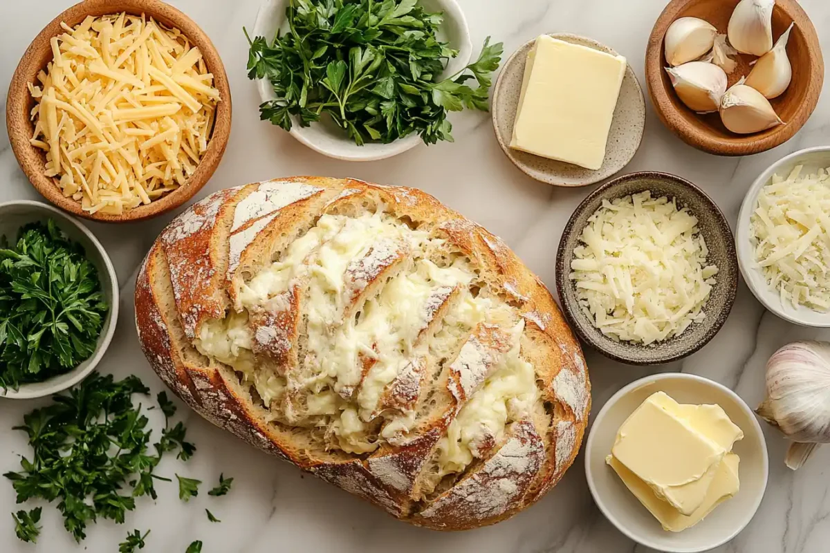 Ingredients for Cheesy Garlic Pull-Apart Bread laid out on a table