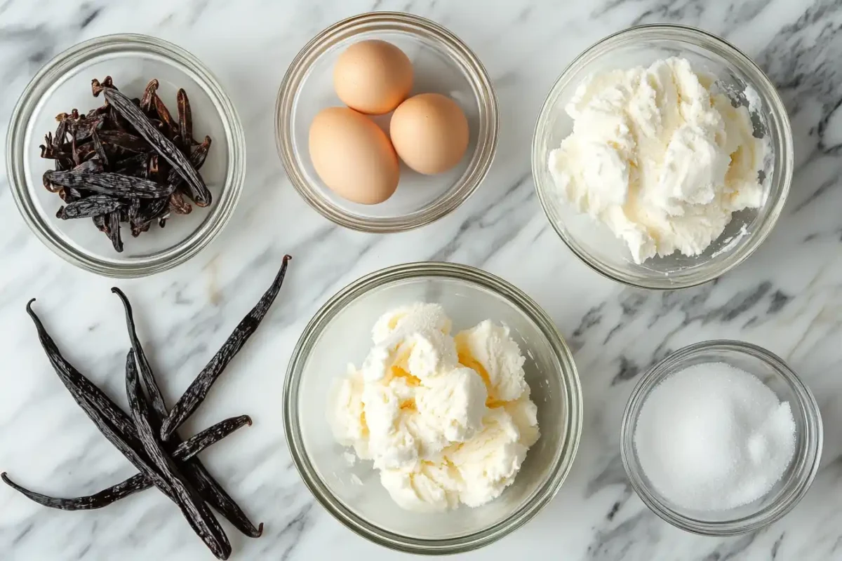 ingredients laid out for making vanilla bean homemade ice cream