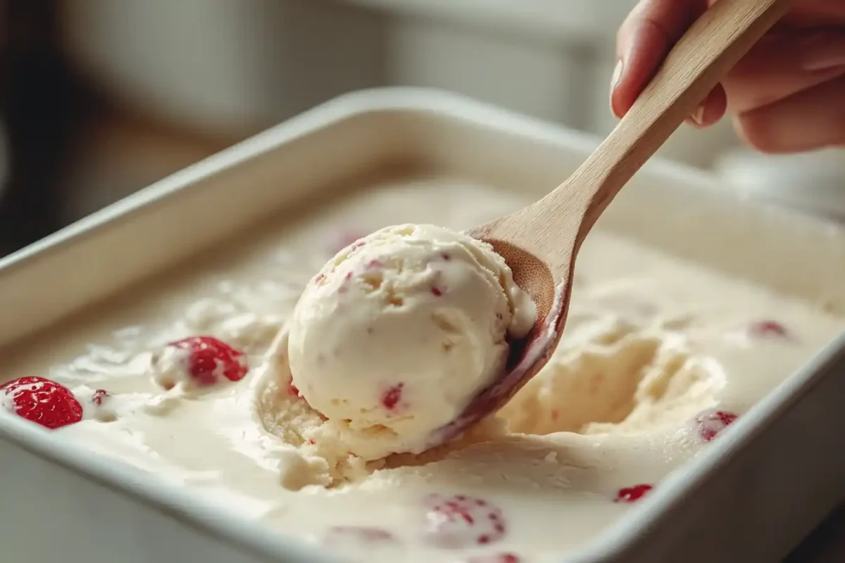 homemade fresh fruit ice cream being scooped from container