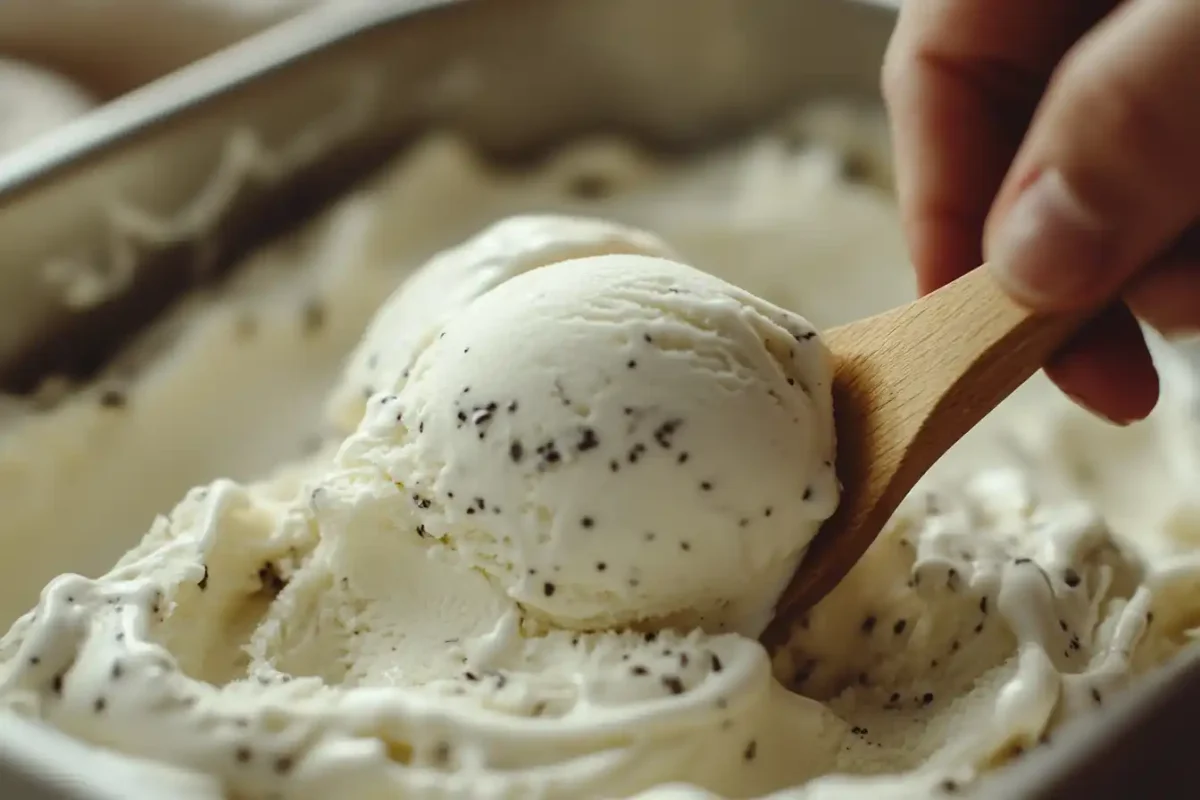 hand scooping vanilla bean homemade ice cream from container