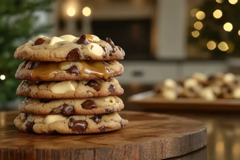 caramel chip cookies stacked with melted caramel and chocolate chips