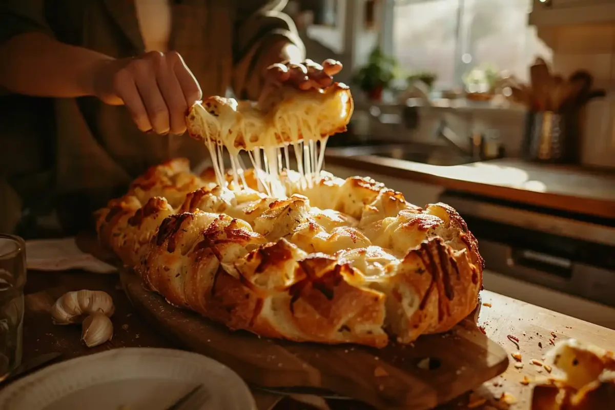 Pulling a cheesy slice from Cheesy Garlic Pull-Apart Bread