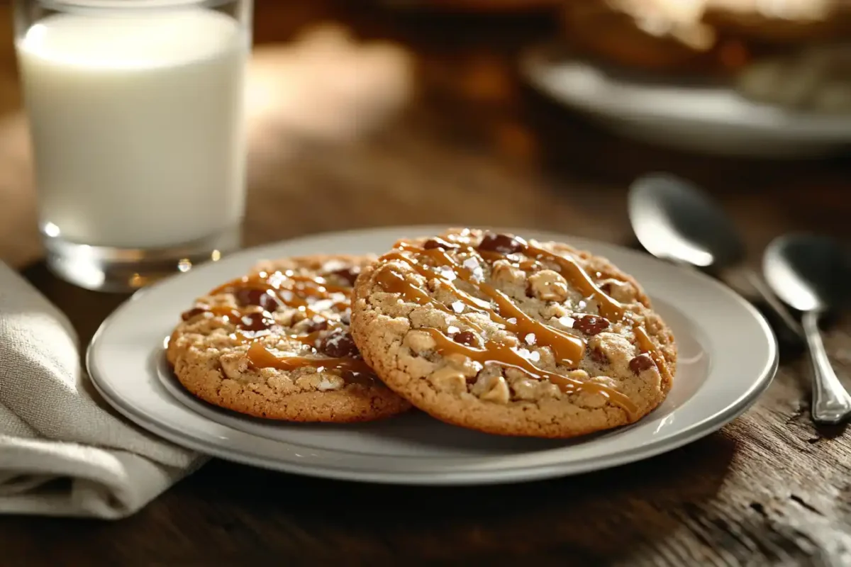 caramel chip cookies served with milk and caramel drizzle