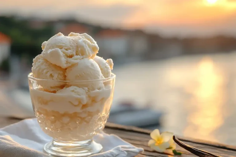 vanilla bean homemade ice cream served in bowls with sea view