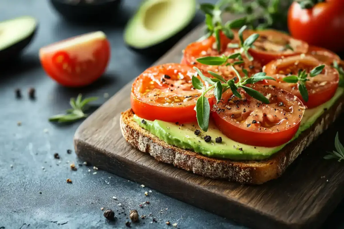 serving of gluten-free bread with avocado and cherry tomatoes