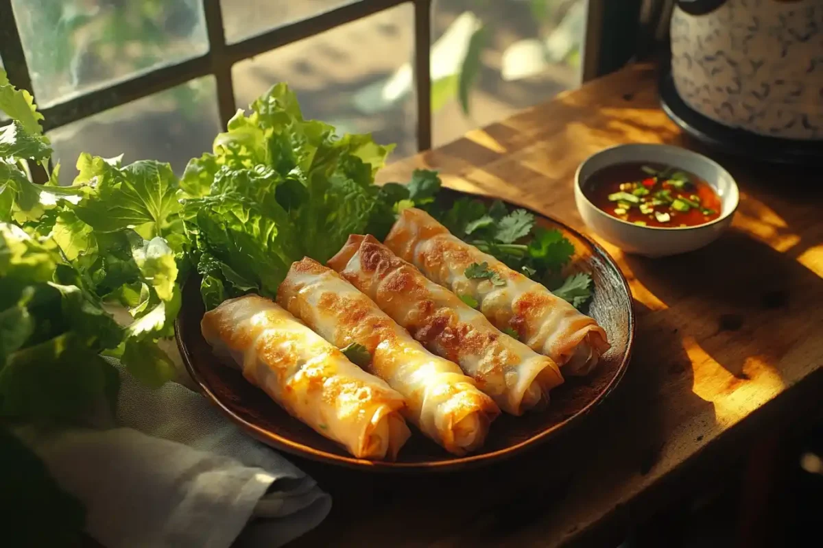 Vietnamese spring rolls served with lettuce, mint, and dipping sauce