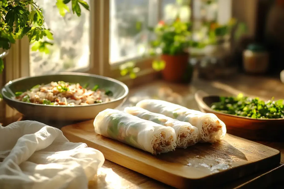 Preparing Vietnamese spring rolls with rice paper and filling